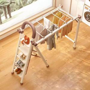 Modern Dual-Use Iron Clothes Hanger with Folding Ladders Anti-Slip Step Stool & Drying Rack No Installation Required